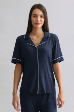Haut de pyjama à manches courtes en bambou pour femme, bleu marine, de style égyptien