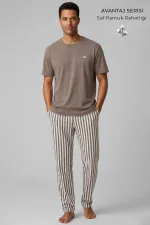 Mısırlı Erkek Pamuk Çizgili Pijama Takım Vizon