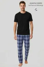 Mısırlı Erkek Pamuk Ekoseli Alt Pijama Mavi