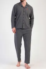 Ensemble pyjama noir à manches longues pour homme, en maille interlock à micro-motifs égyptienne.
