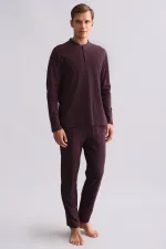 Mısırlı Men's Cotton Long-Sleeve Mandarin Collar Pajama Set Burgundy