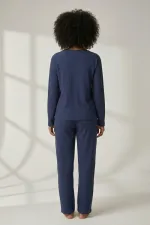 Mısırlı Kadın Pamuk Gorfe Kumaş Pijama Takım Lacivert
