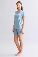 Mısırlı Kadın Saten T-Shirt Şort Takım Petrol Mavi