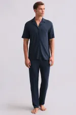Chemise égyptienne pour homme en modal à manches courtes, bleu marine