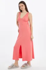 Chemise de nuit longue en maille épaisse à bretelles en viscose égyptienne corail
