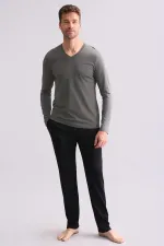 Ensemble pyjama homme égyptien en modal et coton mélangés, manches longues, col en V, gris chiné