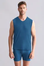 Débardeur/T-shirt de sport à col en V, coupe classique, en bambou égyptien ZEUS, bleu pétrole