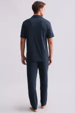 Chemise égyptienne pour homme en modal à manches courtes, bleu marine