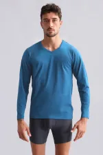 Mısırlı Modal By TENCEL HERCULES Slim Fit V Yaka Uzun Kollu Fanila / T-Shirt Petrol Mavisi