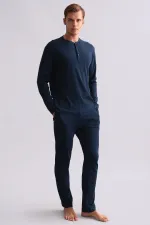 Ensemble pyjama égyptien pour homme, en coton, manches longues et chemise boutonnée, bleu marine