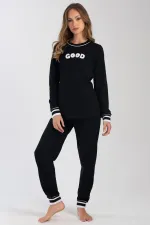 Mısırlı Kadın İki İplik Sıfır Yaka Uzun Kollu Pijama Takımı Siyah