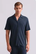 Chemise égyptienne pour homme en modal à manches courtes, bleu marine