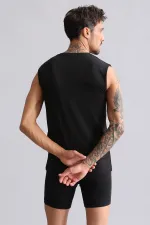 Débardeur/T-shirt de sport noir à col rond, coupe ajustée, en modal égyptien TENCEL HERCULES