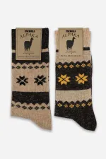 Mısırlı Erkek Alpaka Yünü Kışlık 2 Çift Soket Çorap Bej/Kahverengi