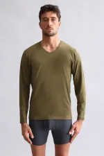 Mısırlı Modal By TENCEL HERCULES Slim Fit V Yaka Uzun Kollu Fanila / T-Shirt Koyu Haki