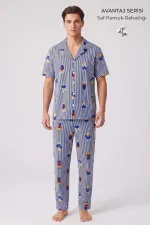 Mısırlı Erkek Pamuk Kısa Kollu Gömlek Pijama Takım Lacivert