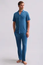 Chemise égyptienne pour homme en modal à manches courtes, bleu marine foncé