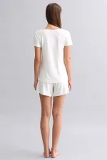 Mısırlı Kadın Saten T-Shirt Şort Takım Ekru