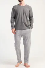 Ensemble de pyjama à manches longues rayé en maille interlock pour homme, gris, de style égyptien