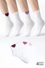 Women's Cotton Heart Patterned Short Ankle Socks, 4 Pairs, White