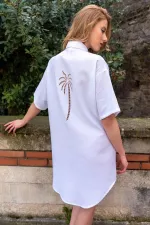 Mısırlı Kadın Pamuklu Kısa Kol Elbise Beyaz