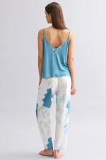 Viskon Aurora Desenli Geniş Paça Pijama Alt Lacivert
