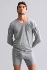 Débardeur/T-shirt à manches longues et col en V, coupe ajustée, en modal égyptien HERCULES de TENCEL, gris chiné