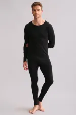 Sous-vêtement/sweat-shirt thermique noir en bambou égyptien à col rond et manches longues