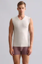 Mısırlı Modal By TENCEL HERCULES Slim Fit V Yaka Sporcu Atlet / T-Shirt Toprak Bej