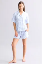 Mısırlı Kadın Pamuk Ekoseli Gömlek Şort Takım Açık Mavi