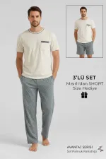 Ensemble 3 pièces pour homme en coton égyptien, col rond et poches, blanc/vert