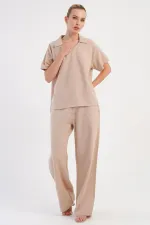 Mısırlı Kadın Pamuklu Dokuma Kısa Kollu Takım Bej