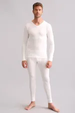 Sous-vêtement thermique à manches longues et col en V en bambou égyptien, écru