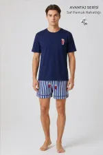 Erkek Pamuklu Ayıcık Desen Bisiklet Yaka Sort Takım Lacivert