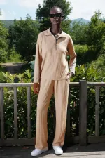 Mısırlı Kadın Likralı Viskon Fitilli Eşofman Takımı Bej