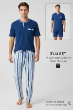 Ensemble 3 pièces pour homme en coton égyptien bleu marine, à boutons