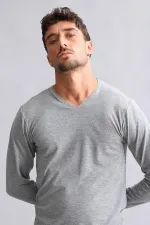 Débardeur/T-shirt à manches longues et col en V, coupe ajustée, en modal égyptien HERCULES de TENCEL, gris chiné