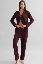 Bas de pyjama en bambou pour femme, style égyptien, avec taille élastique, bordeaux