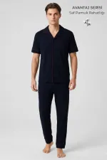 Egyptian Men's Cotton Shirt Pajama Set with Piping Detail, Navy Blue