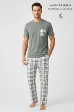Egyptian Men's Cotton Plaid Pajama Set, Sage Green