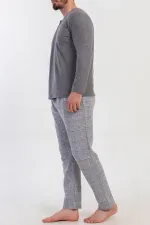 Ensemble de pyjama à manches longues pour homme, en maille interlock à carreaux, gris, de style égyptien