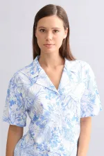 Mısırlı Kadın Pamuk Gömlek Şort Takım Mavi