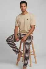 Egyptian Men's Cotton Striped Pajama Set Beige-Dark Brown Egyptian Men's Cotton Striped Pajama Set Beige-Dark Brown