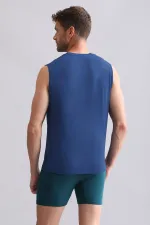 Débardeur/T-shirt de sport bleu marine à col en V, coupe classique, en bambou égyptien ZEUS