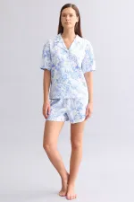 Mısırlı Kadın Pamuk Gömlek Şort Takım Mavi