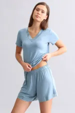 Mısırlı Kadın Saten T-Shirt Şort Takım Petrol Mavi