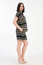Mısırlı Kadın Viskon Dokuma Desenli Gömlek Şort Takım Siyah