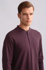 Mısırlı Men's Cotton Long-Sleeve Mandarin Collar Pajama Set Burgundy