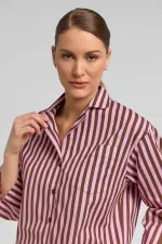 Kadın Pamuklu Poplin Çizgili Gömlek Kahverengi/Pembe