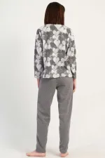 Mısırlı Kadın İnterlok Kalp Desenli Uzun Kollu Pijama Takımı Gri Melanj